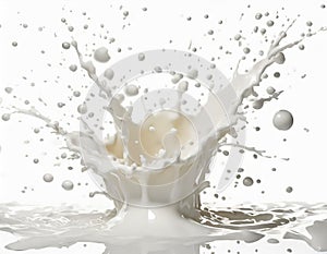 Splashing milk and bubbles on white background