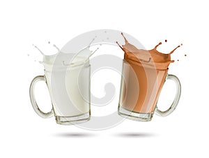 Splashing milk and chocolate milk in glass