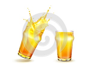 Splashing orange juice with drops in glass, vector
