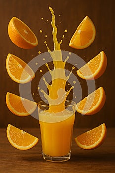 Splashing Orange Juice with Flying Citrus Slices photo
