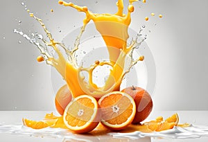 splashing orange juice with oranges against white