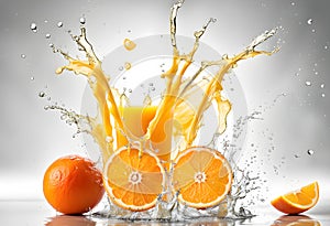 splashing orange juice with oranges against white