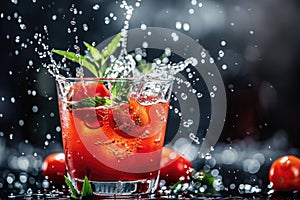 Splashing Tomato Cocktail with Fresh Herbs on Dark Backdrop