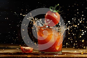 Splashing Tomato Cocktail with Fresh Herbs on Dark Backdrop