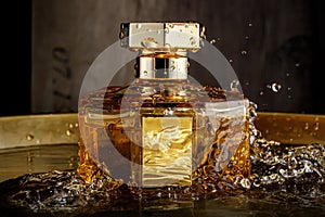 Splashing water around the golden perfume bottle