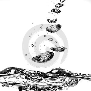 splashing water with bubbles on white background closeup