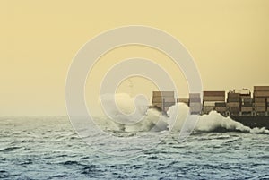 Splashing Waves On A Cargo Ship At Open Sea