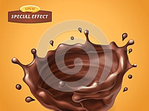 Splashing whirl chocolate cream or sauce isolated on orange background. Vector special flow effect. Liquid wave with