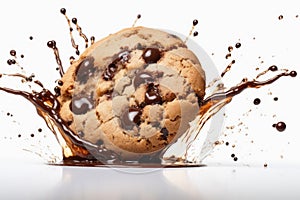 Splasing choclate on a cookie on white background