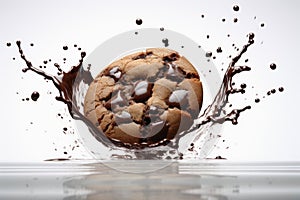 Splasing choclate on a cookie on white background