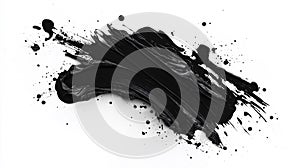 Splatter of black ink on a white surface, abstract ink blot artistic design photo