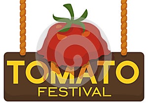 Splattered Tomato over Wooden Sign for Tomato Throwing Festival, Vector Illustration