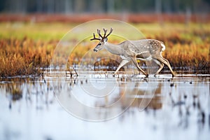 splay-hooved caribou navigating wetland area