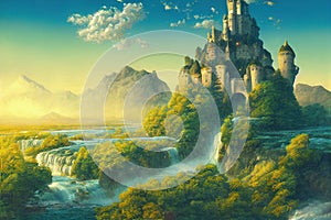 Splendid castle in digital art 3D illustration of fantasy castle on waterfall