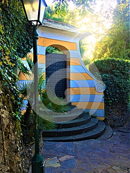 Splendid details in Portofino town, Genoa province, Liguria region, Italy. Door, history and nature
