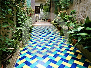 Splendid garden, enchanting yard, plants, vases, stair and flowers in Erice town, Sicily, Italy