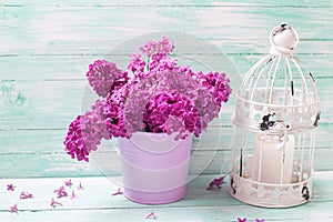 Splendid lilac flowers in bucket, decorative lantern with candl