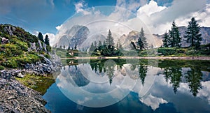 Splendid morning view of Limides lake. Fantastic summer scene of Dolomiti Alps, Cortina d`Ampezzo, Falzarego pass, Italy, Europe.