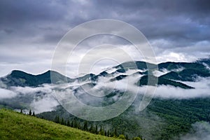 Splendid mountain valley is covered with fog after the rain with green alpine meadows. Foggy landscape. Location place Carpathian