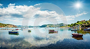 Splendid spring panorama of the Nuevo Loca Beach. Sunny morning seascape of the Aegean sea, Palaia Fokaia location, Greece, Europe