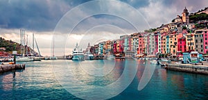 Splendid spring panorama of Portovenere town. Picturesque evening seascape of Mediterranean sea,  Liguria, province of La Spezia,