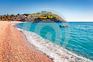 Splendid spring view of empty Jale Baech. Charming morning scene of Albania, Europe. photo