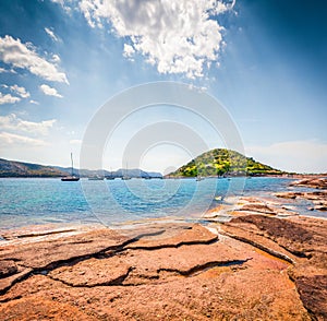 Splendid spring view of the Nuevo Loca Beach. Sunny morning seascape of the Aegean sea, Palaia Fokaia location, Greece, Europe.