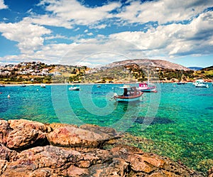 Splendid spring view of the Nuevo Loca Beach. Sunny morning seascape of the Aegean sea, Palaia Fokaia location, Greece, Europe.