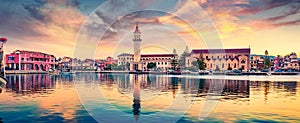 Splendid summer cityscape of Zakynthos port. Marvelous evening view of Zakynthos` Museum, Ionian Sea, Greece, Europe. Traveling c