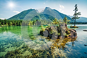 Splendid summer scene of Hintersee lake. Colorful morning view of Bavarian Alps on the Austrian border, Germany, Europe. Beauty of