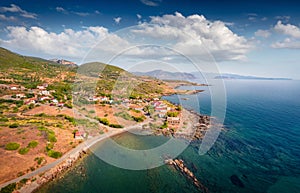 Splendid summer view from flying drone of Agios Fokas small sea resort.