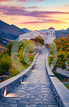 Splendid summer view of San Biagio Catholic church, Santa Caterina village location, Italy, Europe.