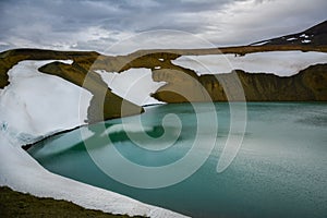 Splendid view of famous crater Viti at Krafla geothermal area in summer with snow present.  Myvatn region, North part of Iceland