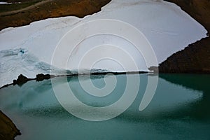 Splendid view of famous crater Viti at Krafla geothermal area in summer with snow present.  Myvatn region, North part of Iceland