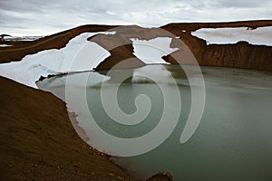 Splendid view of famous crater Viti at Krafla geothermal area in summer with snow present.  Myvatn region, North part of Iceland