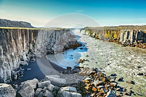 Splendid view of fantastic waterfall and cascades of Selfoss