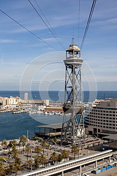 Splendid view to Barcelona city from the top of a tower, beautiful landscape panorama from the cable car lift