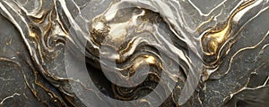 Splendid wavy pattern black and gold digital art marbling 3D illustration.