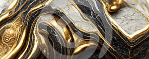 Splendid wavy pattern black and gold digital art marbling 3D illustration.