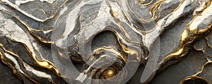 Splendid wavy pattern black and gold digital art marbling 3D illustration.