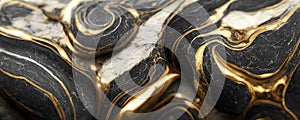 Splendid wavy pattern black and gold digital art marbling 3D illustration.