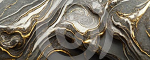 Splendid wavy pattern black and gold digital art marbling 3D illustration.