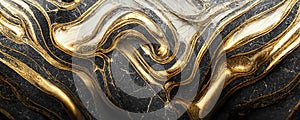 Splendid wavy pattern black and gold digital art marbling 3D illustration.