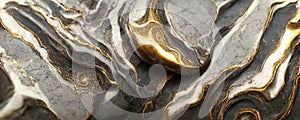 Splendid wavy pattern black and gold digital art marbling 3D illustration.