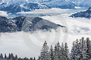 Splendid winter alpine scenery with high mountains