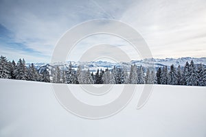 Splendid winter alpine scenery with high mountains