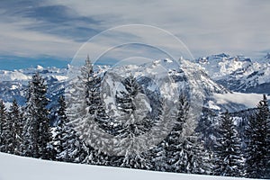 Splendid winter alpine scenery with high mountains