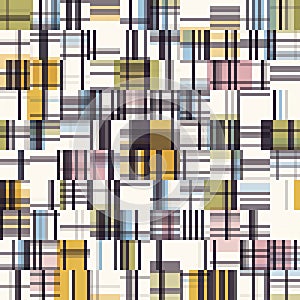 Spliced Plaid Check Grid Variegated Background. Seamless Pattern with Woven Dye Broken Lines. Mid Century Modern Textile All Over
