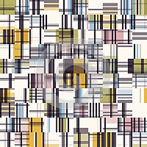 Spliced Plaid Check Grid Variegated Background. Seamless Pattern with Woven Dye Broken Lines. Mid Century Modern Textile All Over photo