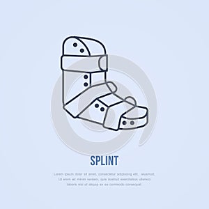 Splint for broken leg icon, line logo. Flat sign for trauma rehabilitation equipment shop